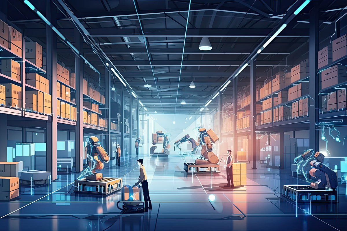 Warehouse machines working alongside humans